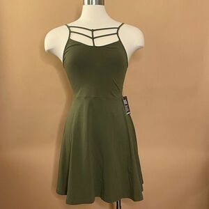 Express Olive Green Fit & Flare Dress Size Small Strappy Neckline Skater